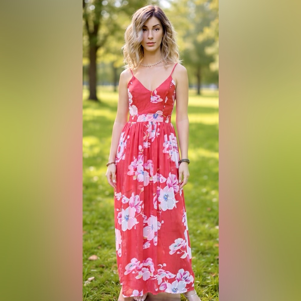 Pink Lily peach floral dress Open back in size small lined